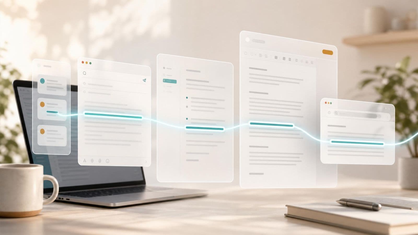 Warm editorial workspace with layered app windows and a sentence moving across the writing flow