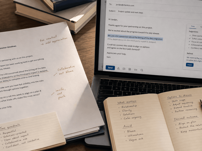 Soft-lit inbox workspace with a careful sentence in progress, highlighted inline suggestion, and calm drafting interface