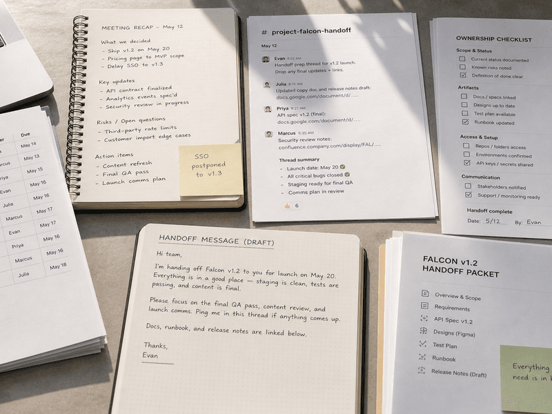 Cross-app project handoff workspace with chat, task, and document panels feeding into one inline follow-up sentence