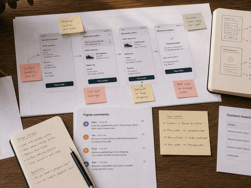 Warm design workspace with Figma-style comments, rationale notes, and an inline sentence suggestion