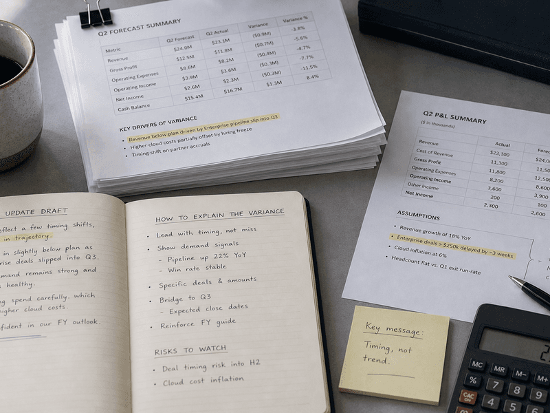 Warm finance desk with a spreadsheet trend view, investor note, and inline sentence suggestion