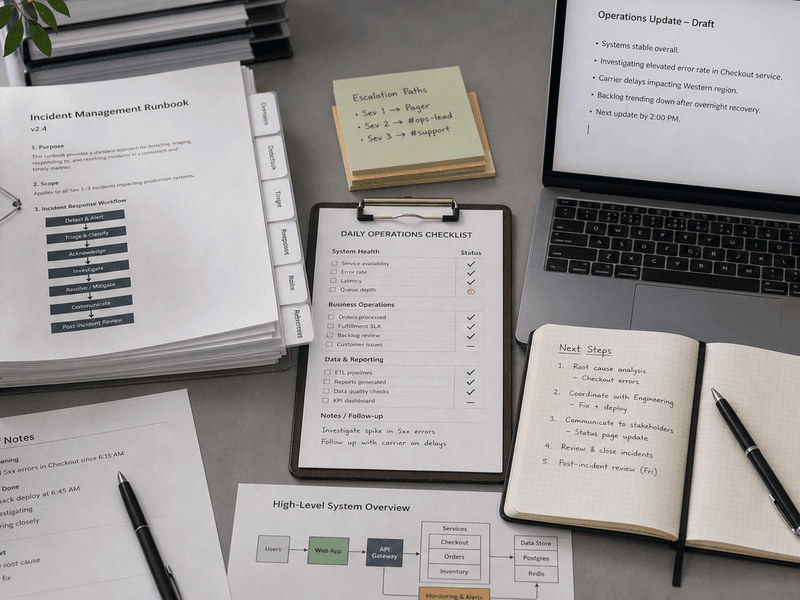 Calm operations desk with checklist, Slack follow-up, and one clear next-step sentence