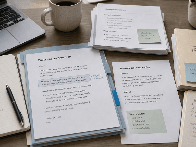 Calm people-ops workspace with Slack, policy notes, and one careful sentence in progress