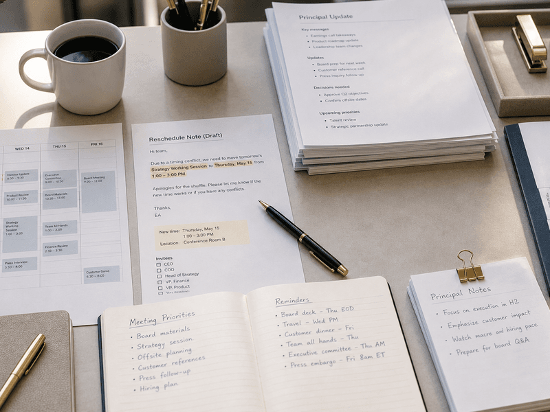 Sunlit assistant desk with calendar blocks, Slack follow-up, and one precise reschedule note