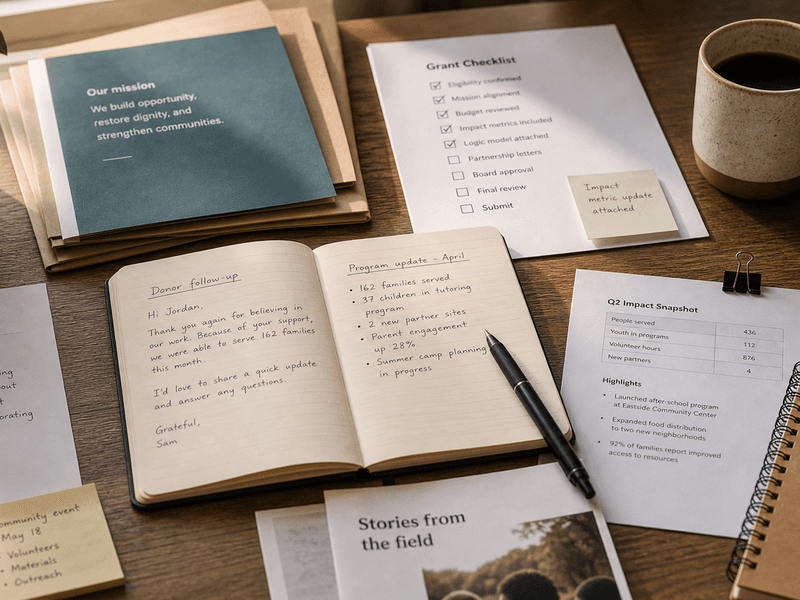Warm nonprofit desk with donor note, grant checklist, and one careful follow-up sentence in progress