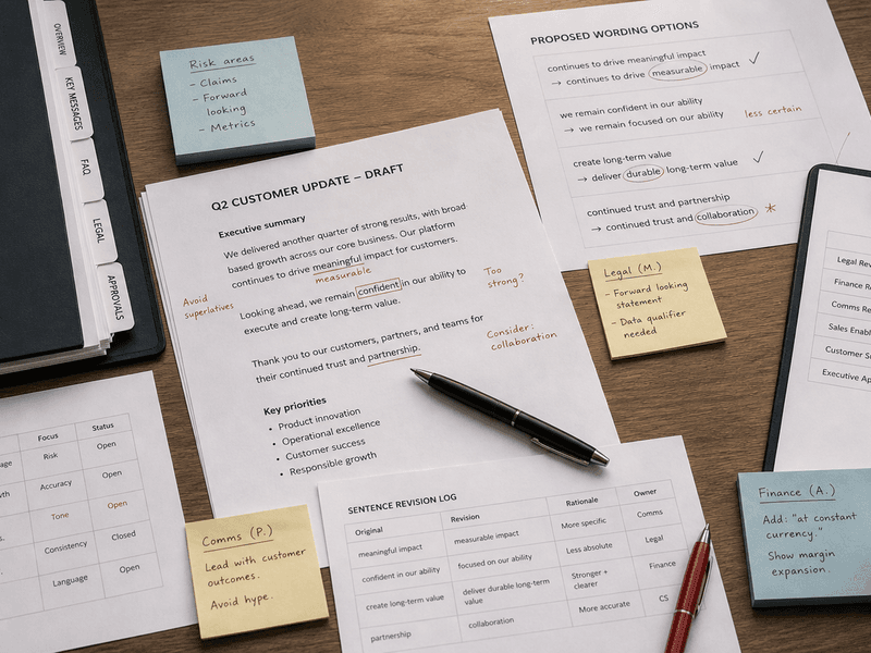 Approval thread style workspace with one careful sentence being refined before sign-off