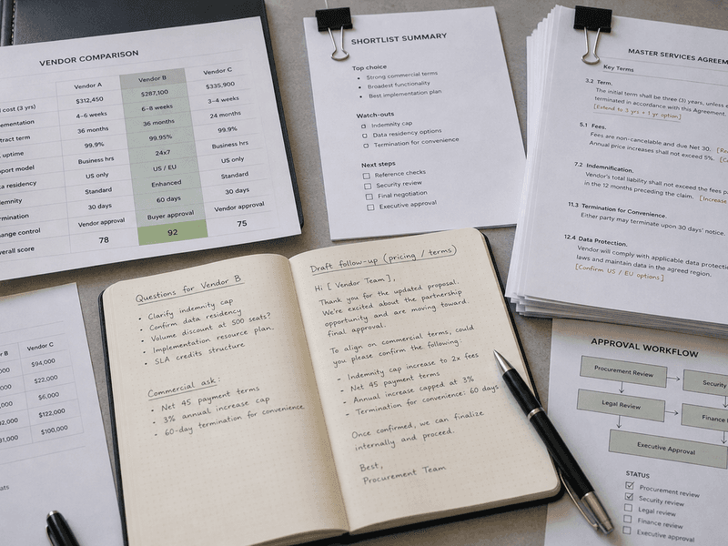 Clean procurement workspace with vendor comparison notes, redlined terms, and one careful follow-up sentence