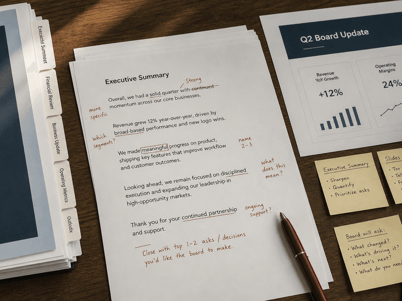 Calm founder workspace with a board update draft, a sparse slide, and a careful summary note in progress