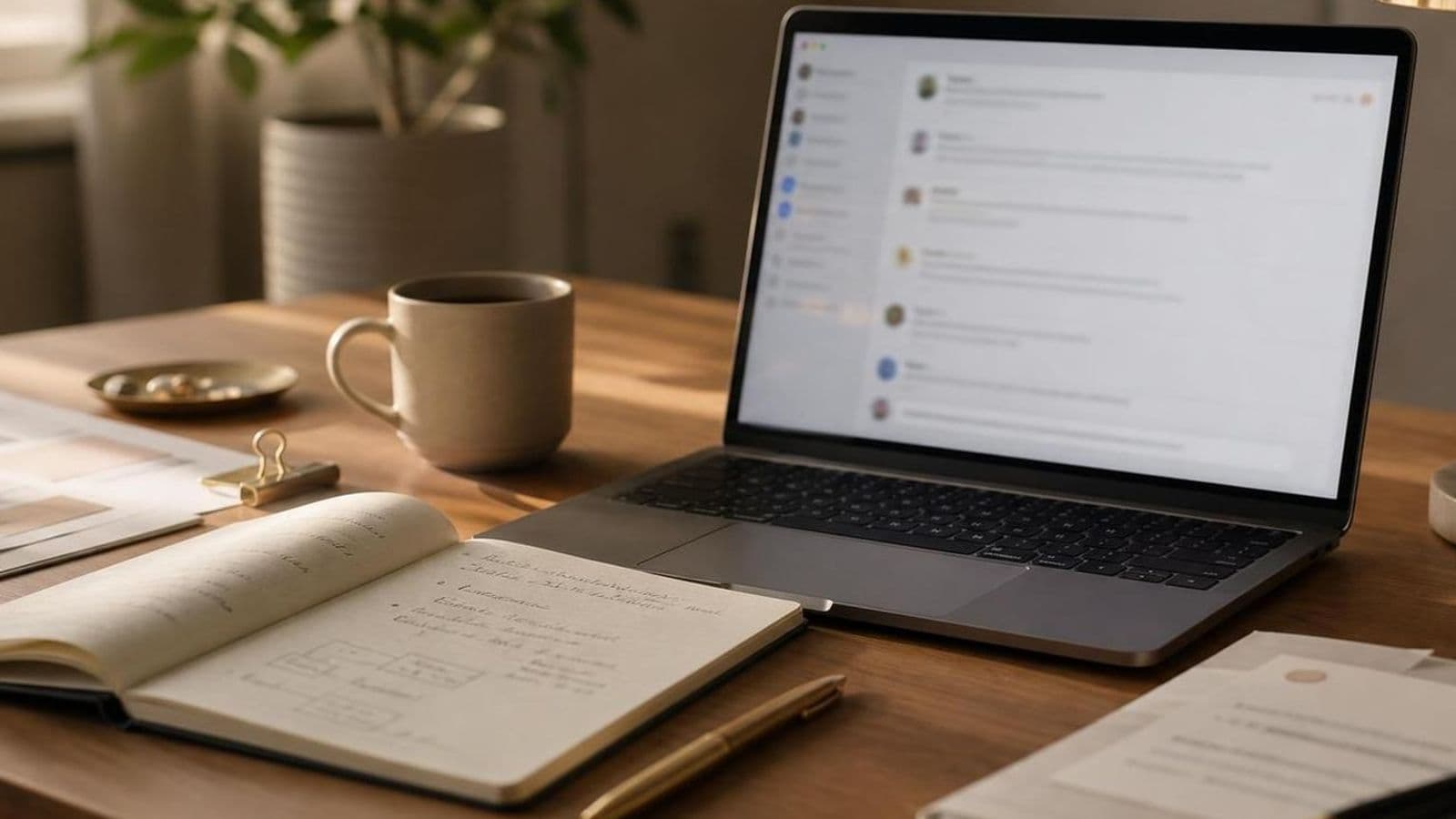 Warm partnerships workspace with a blurred shared thread, recap notebook, and co-marketing notes beside a laptop
