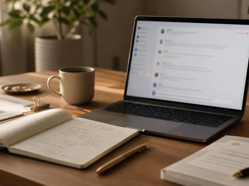 Warm partnerships workspace with a blurred shared thread, recap notebook, and co-marketing notes beside a laptop