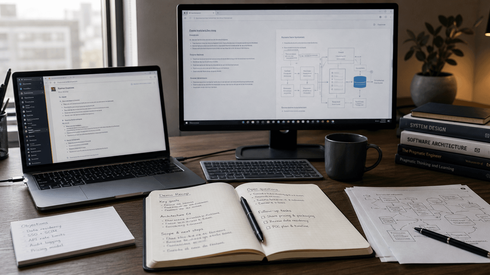 Dual-screen sales engineering workspace with a demo recap, Slack handoff, and follow-up email connected by subtle ghost text