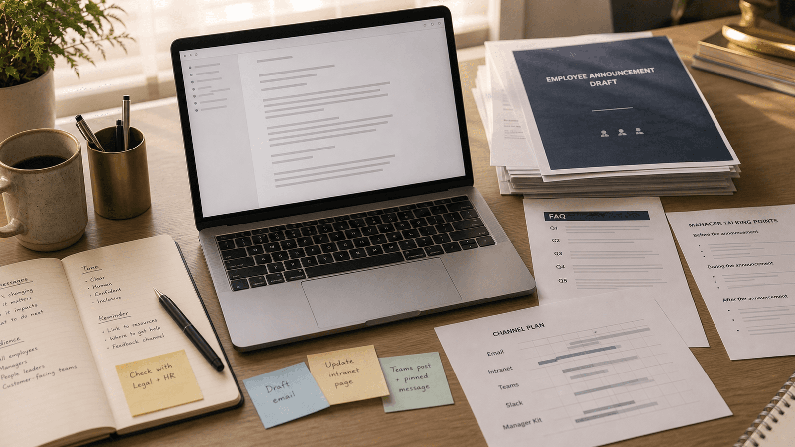Warm internal comms workspace with an announcement draft, Slack clarification, and manager note connected by subtle ghost text