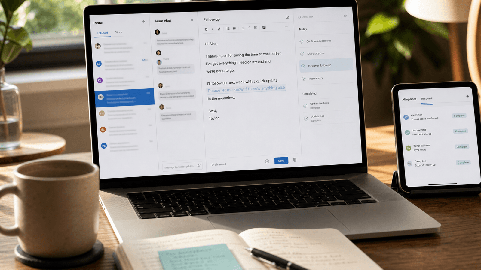 Warm editorial workspace showing a loop-closing follow-up being finalized with planning notes and completion cues nearby