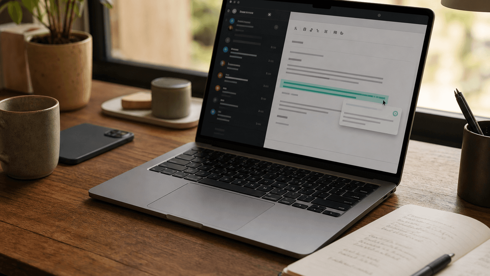 Careful editorial workspace showing a professional refusal message being finalized with restrained review notes nearby
