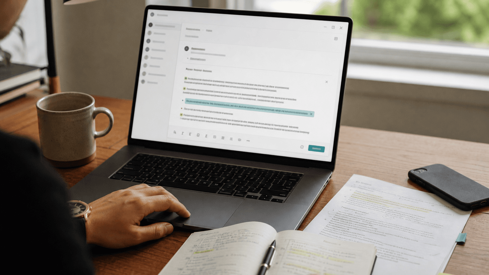 Editorial workspace showing a reusable work message being tightened with reference notes and policy-like context nearby