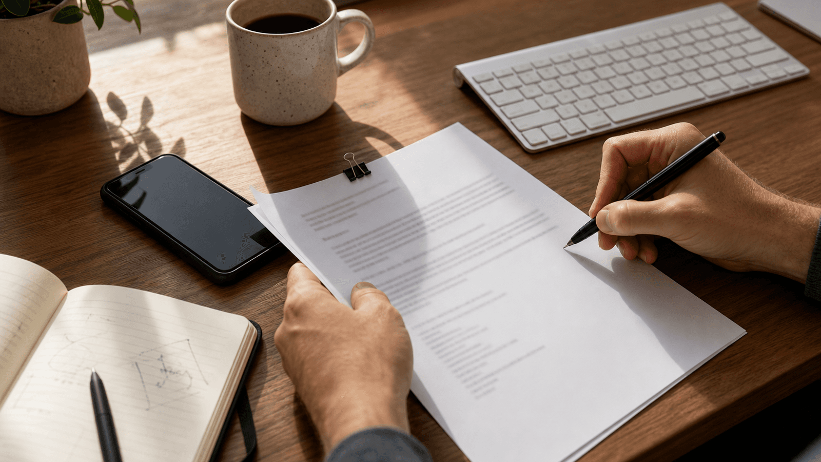 Hands revising a printed note beside a keyboard, notebook, and phone on a warm editorial desk