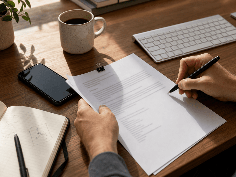 Hands revising a printed note beside a keyboard, notebook, and phone on a warm editorial desk