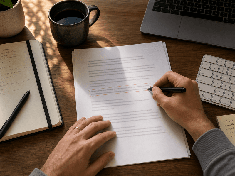 Hands revising a printed work message with one scope-setting sentence marked in red beside a Mac keyboard, notebook, and coffee on a wooden desk