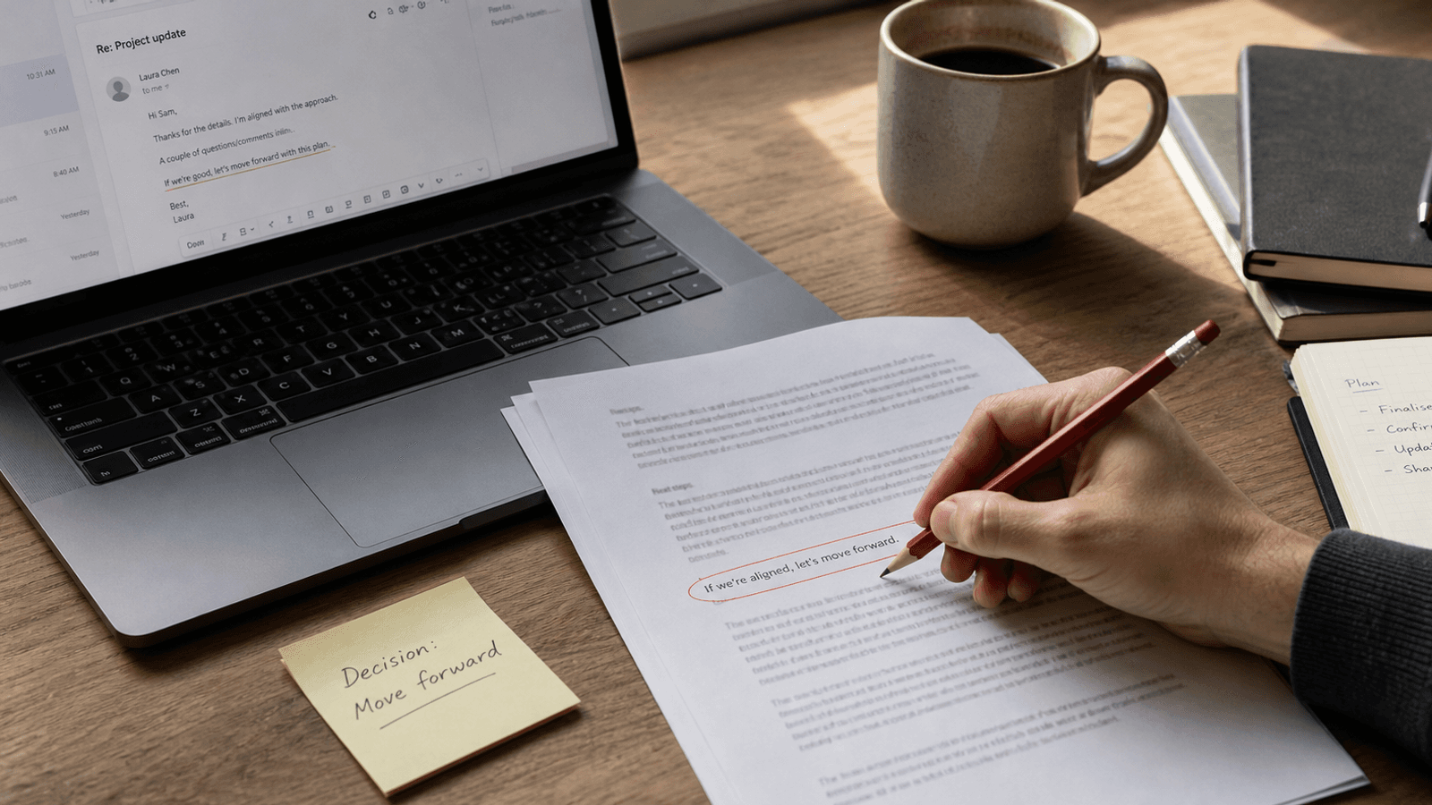 Hand marking a printed confirmation sentence in red beside a MacBook, coffee, and notebook on a wooden desk