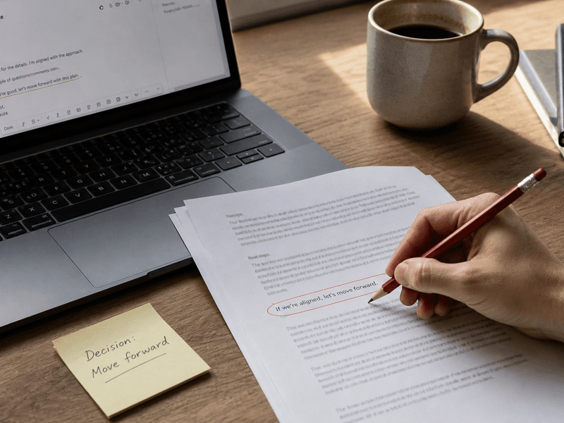 Hand marking a printed confirmation sentence in red beside a MacBook, coffee, and notebook on a wooden desk