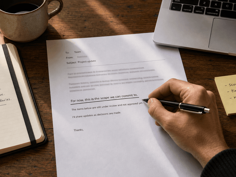 Printed project update with one underlined boundary sentence on a wooden desk