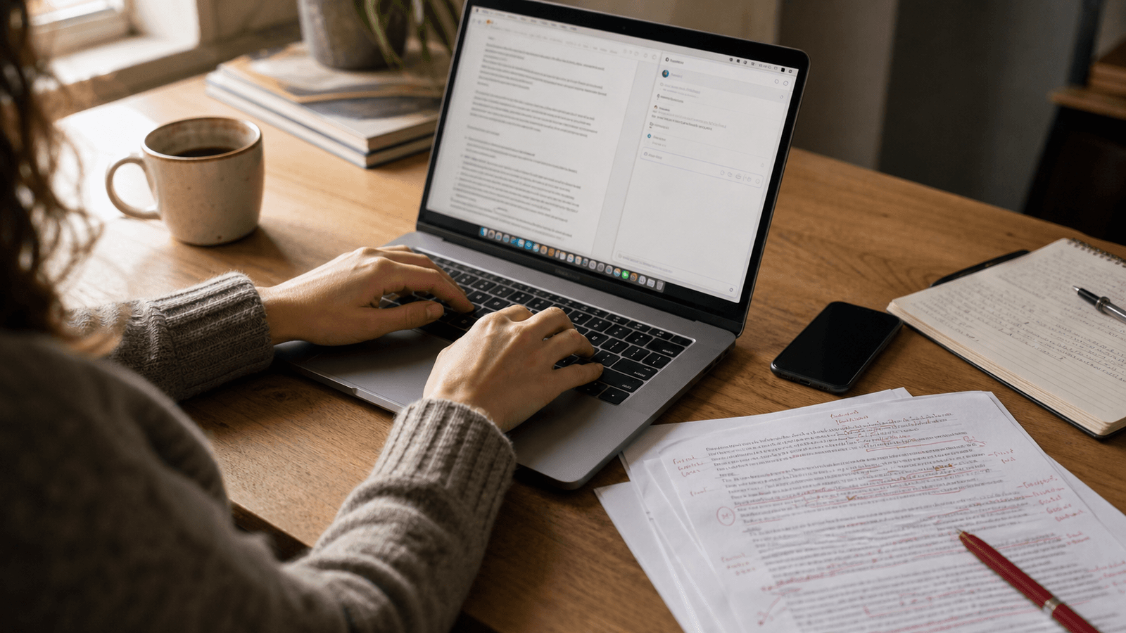 Hands typing a review request on a MacBook beside marked-up pages, a notebook, phone, and coffee on a wooden desk