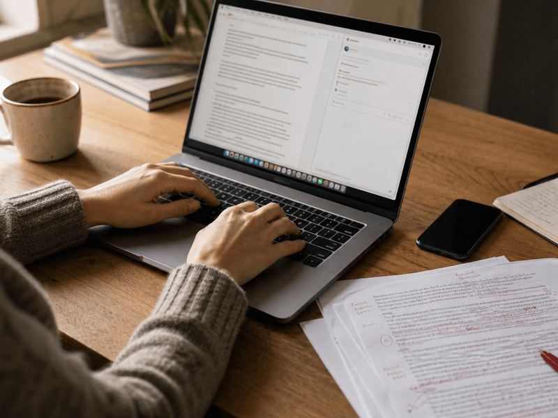 Hands typing a review request on a MacBook beside marked-up pages, a notebook, phone, and coffee on a wooden desk