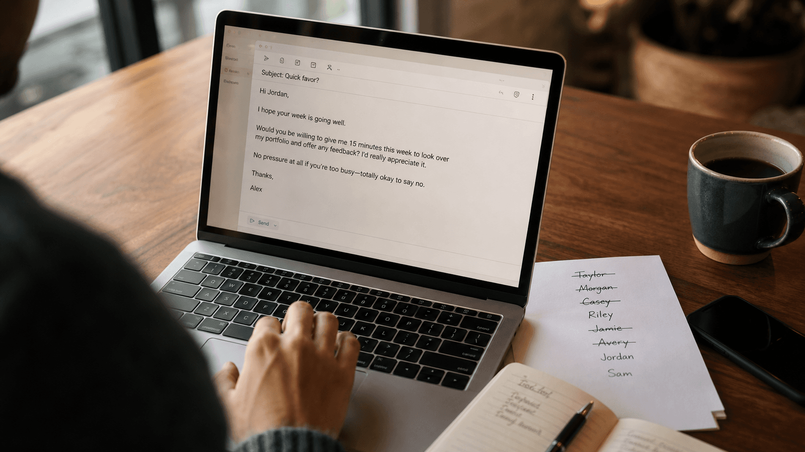 Hand adding a low-pressure line to an email draft on a MacBook beside a notebook, phone, and crossed-out notes on a desk
