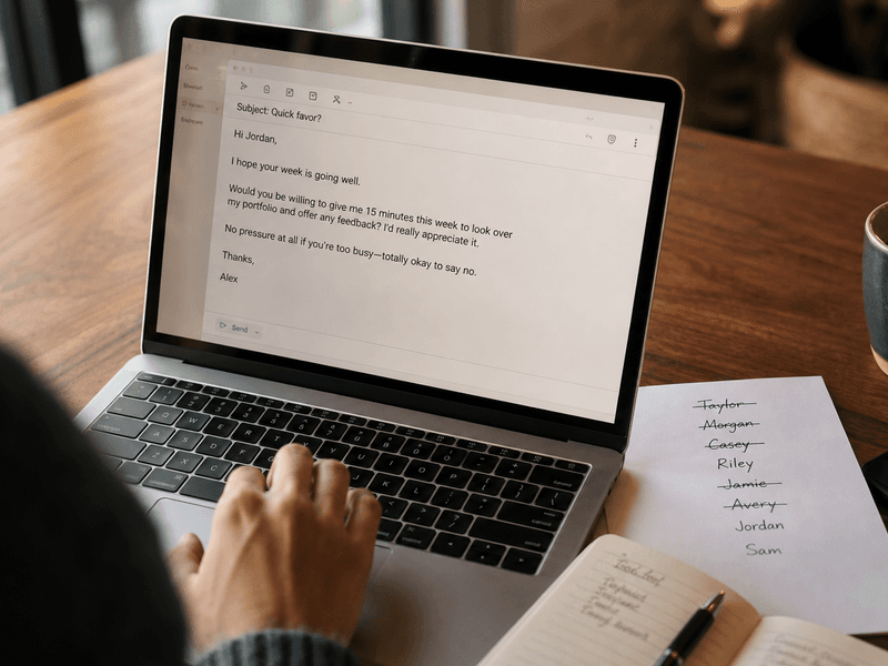 Hand adding a low-pressure line to an email draft on a MacBook beside a notebook, phone, and crossed-out notes on a desk