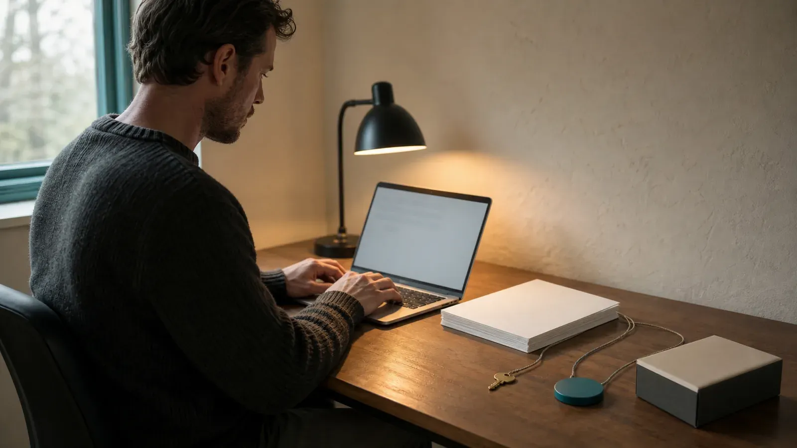 A writer types at a laptop beside a face-down stack of manuscript pages, with three thin cords leading to a brass key, a teal disc, and a sealed package on the desk.