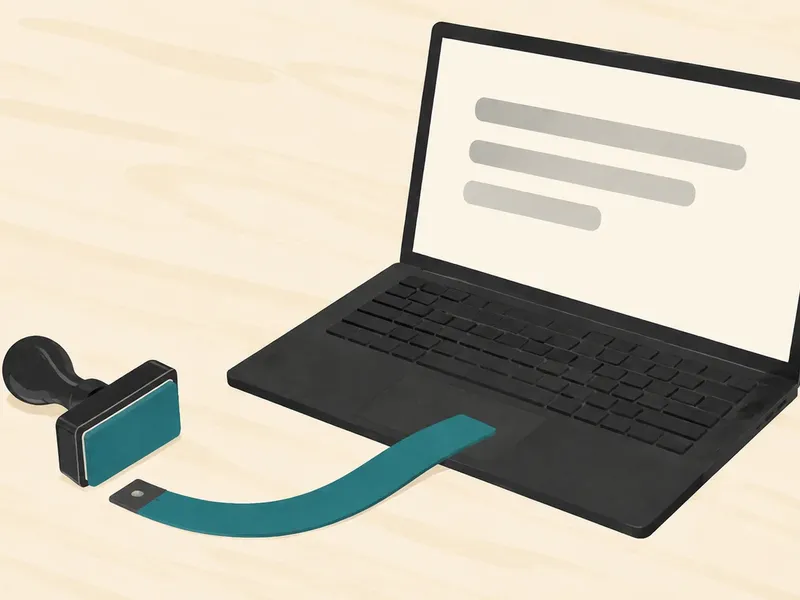 An open charcoal laptop sits on a cream wooden desk beside a rubber address stamp and a curved teal measuring tape.