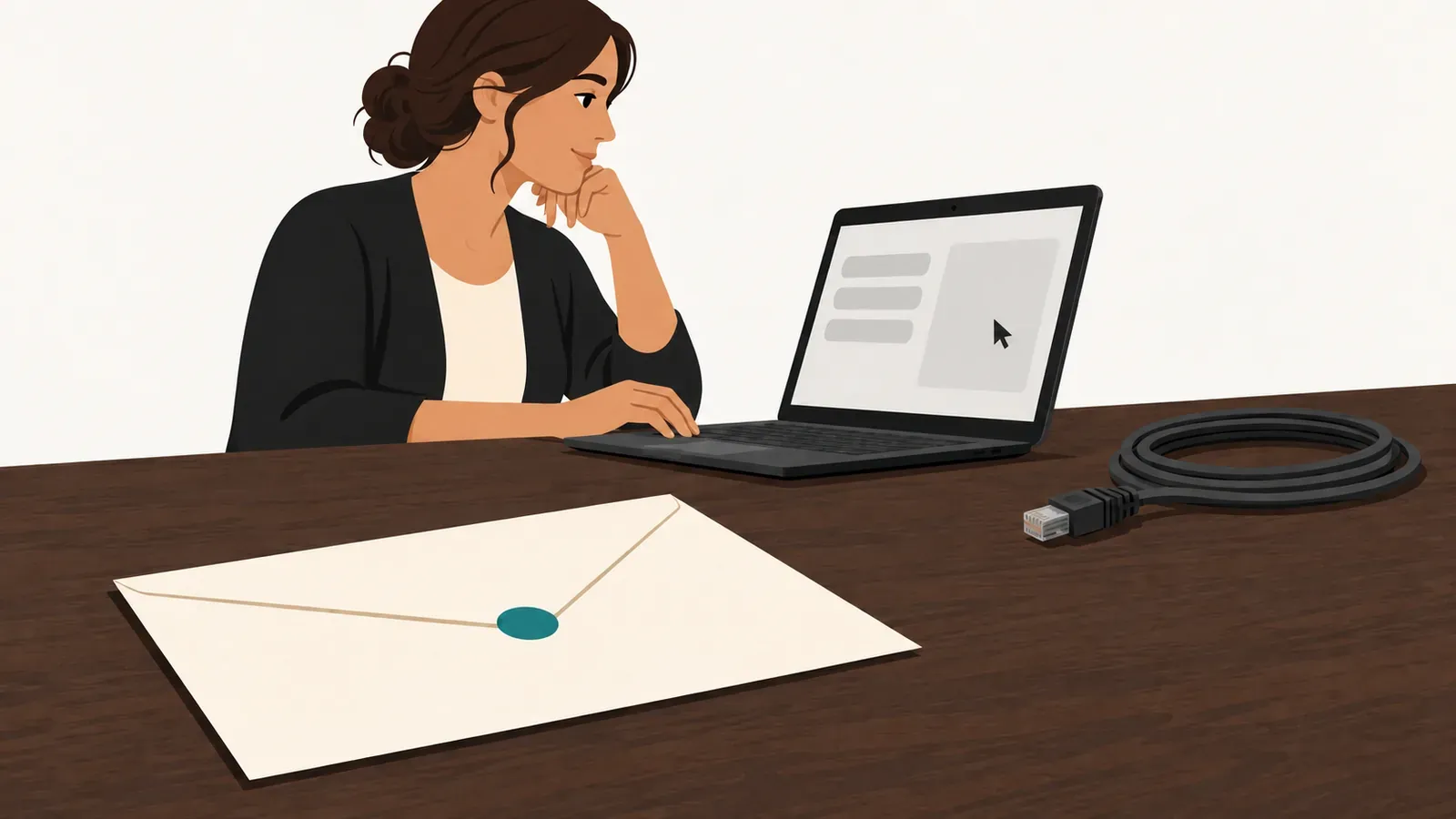 A therapist sits at a dark wooden desk with an open laptop, a coiled disconnected network cable, and a sealed cream envelope with a teal closure.