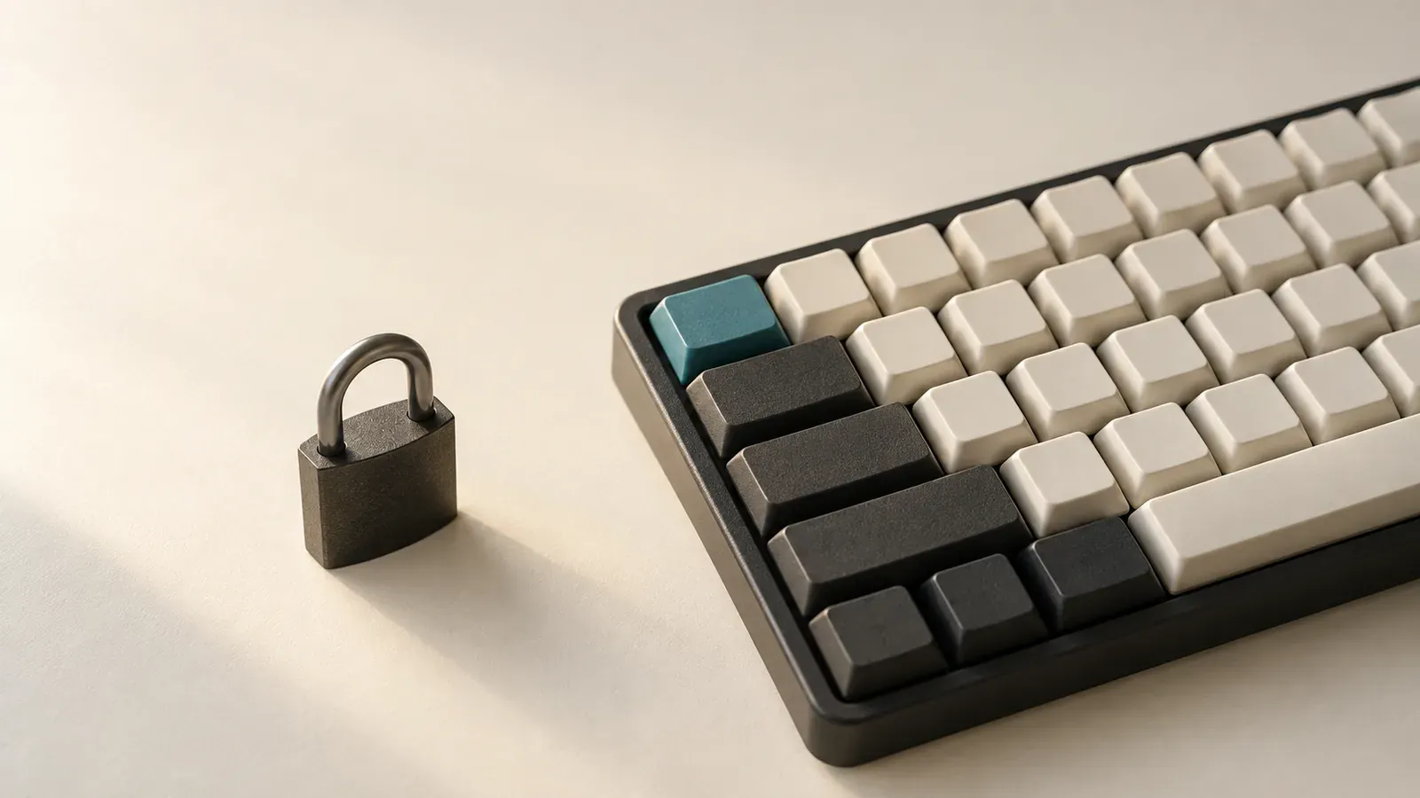 A blank cream-and-charcoal keyboard with one teal key sits beside a small closed padlock on a warm cream desk.