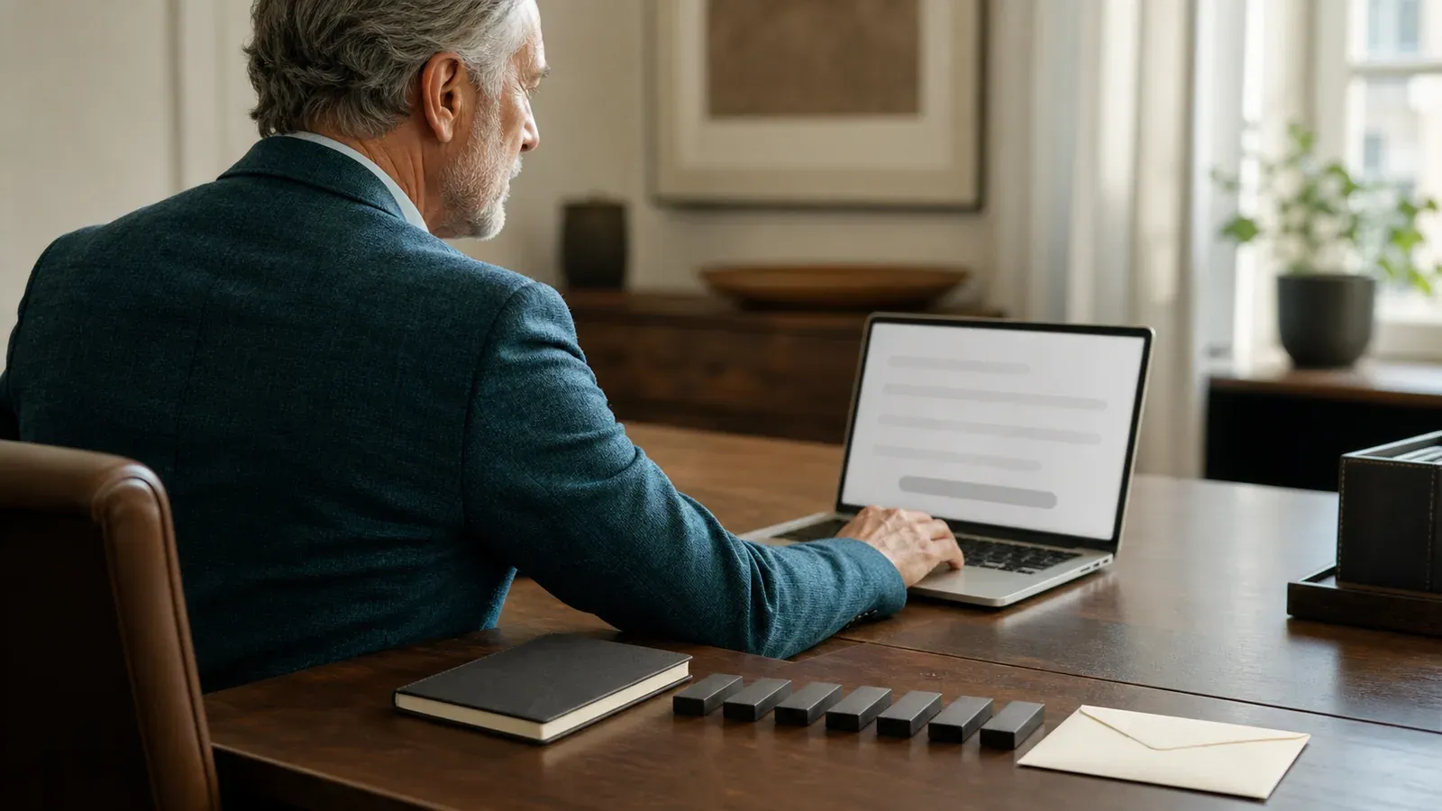 A senior executive works at a laptop in a warm office while a short row of black dominoes connects a closed notebook to a blank envelope on the desk.
