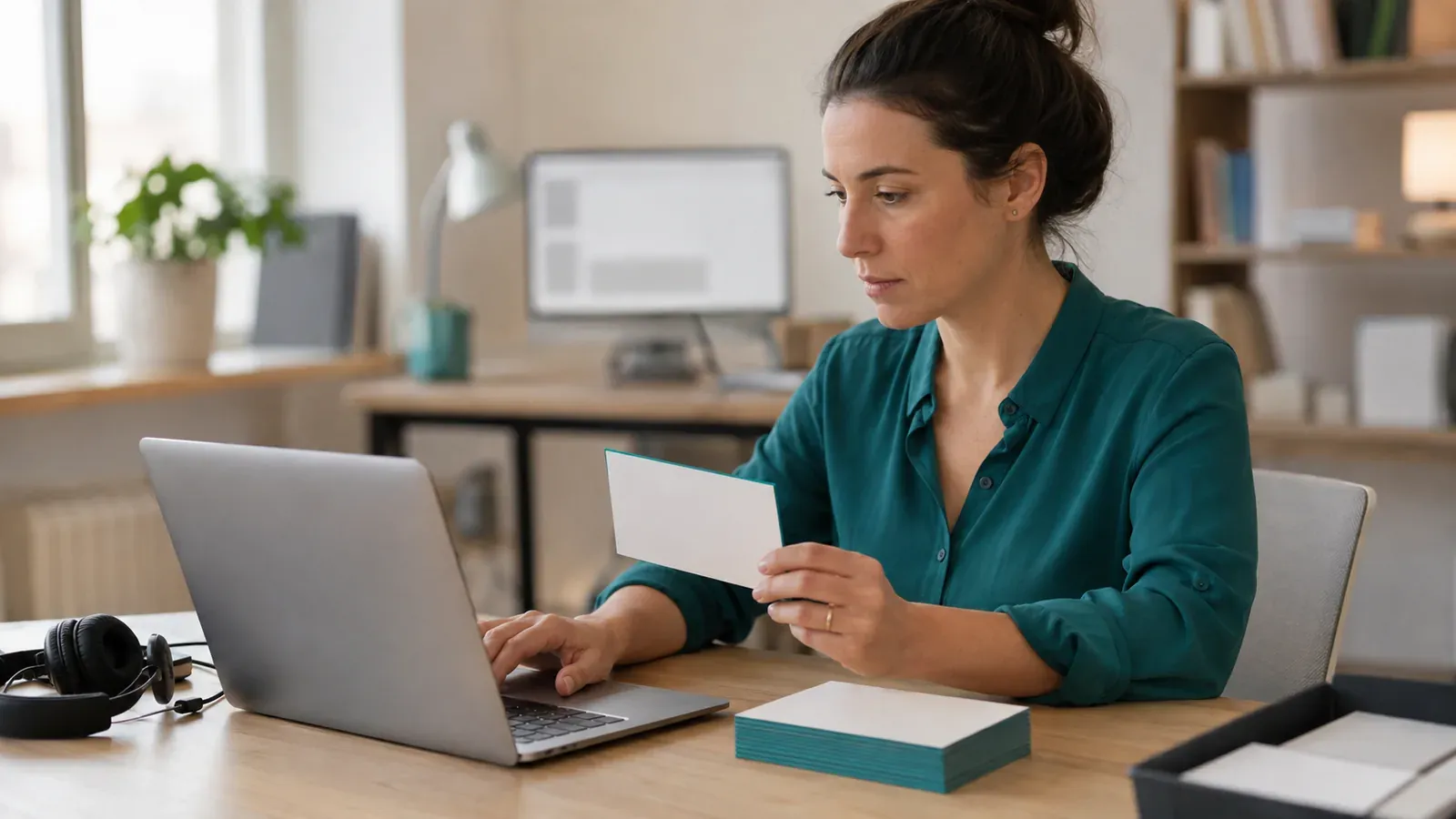 A customer-support agent types on a laptop at a tidy desk while holding a blank card beside stacked cards and a headset.