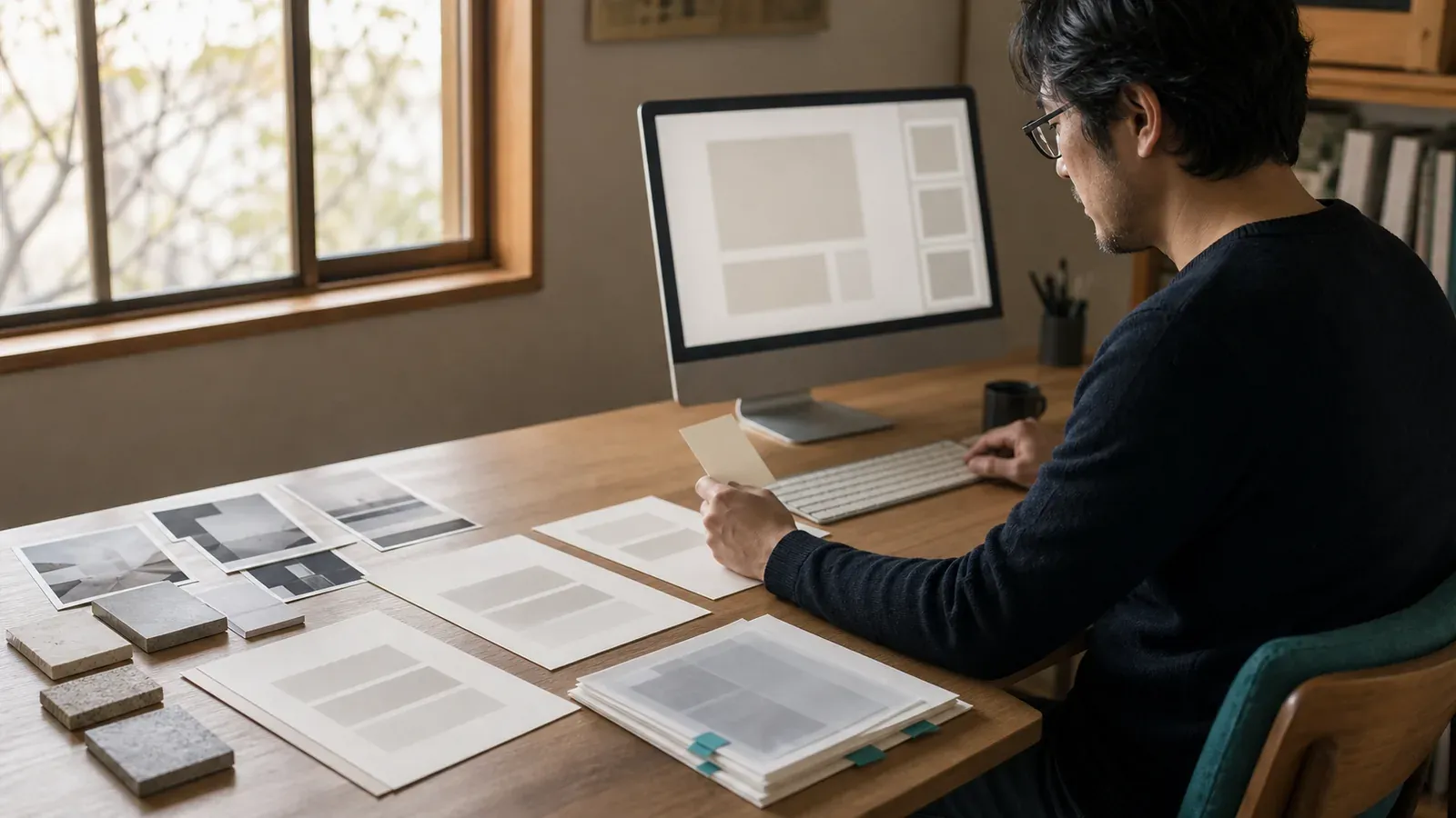 A researcher sits at a sunlit wooden desk, holding a cream card beside neatly separated groups of reference images, draft sheets, and teal-tabbed revision pages leading toward a computer.