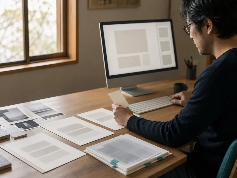 A researcher sits at a sunlit wooden desk, holding a cream card beside neatly separated groups of reference images, draft sheets, and teal-tabbed revision pages leading toward a computer.